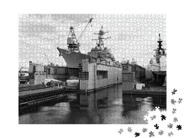 Aircraft Carrier in the Port in Seattle. Profile of a Mil... Jigsaw Puzzle with 1000 pieces