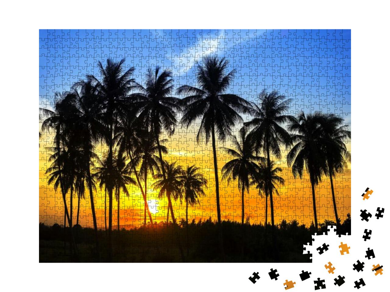 Silhouette of Coconut Palm Trees on Colorful Sun Set... Jigsaw Puzzle with 1000 pieces