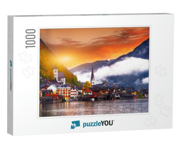 Scenic View of Famous Hallstatt Mountain Village with Hal... Jigsaw Puzzle with 1000 pieces