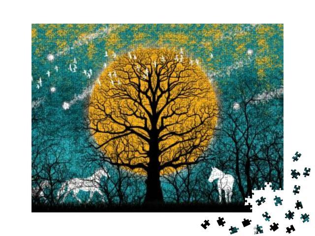 3D Illustration of Forest & White Horse. Luxurious Abstra... Jigsaw Puzzle with 1000 pieces