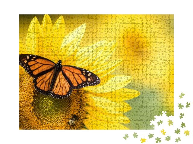 Monarch Butterfly, Danaus Plexippus, on Bright Yellow Sun... Jigsaw Puzzle with 1000 pieces