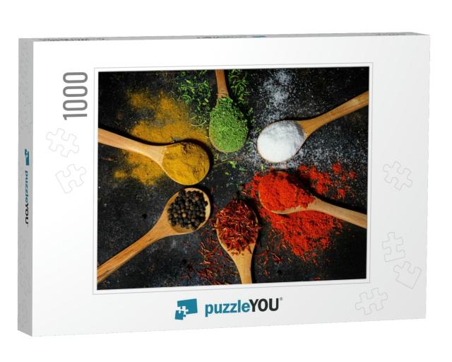 Variety of Spices & Herbs on Black Background... Jigsaw Puzzle with 1000 pieces