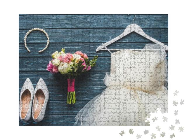 Top View of Wedding Bouquet & Dress on Wooden Da... Jigsaw Puzzle with 1000 pieces