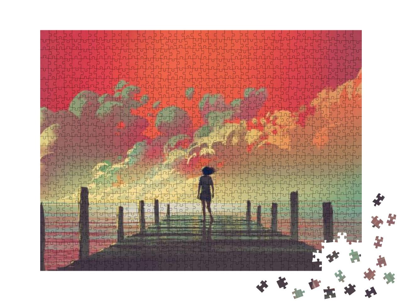 Beautiful Scenery of the Woman Standing Alone on a Wooden... Jigsaw Puzzle with 1000 pieces