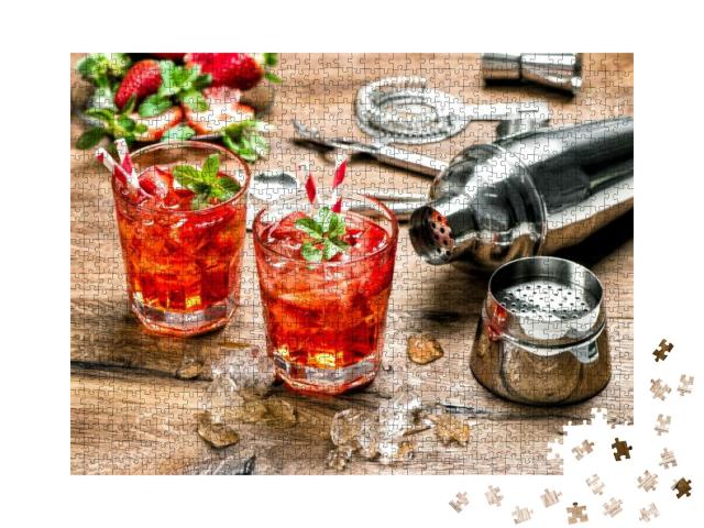 Red Drink with Ice. Cocktail Making Bar Tools, Strawberry... Jigsaw Puzzle with 1000 pieces