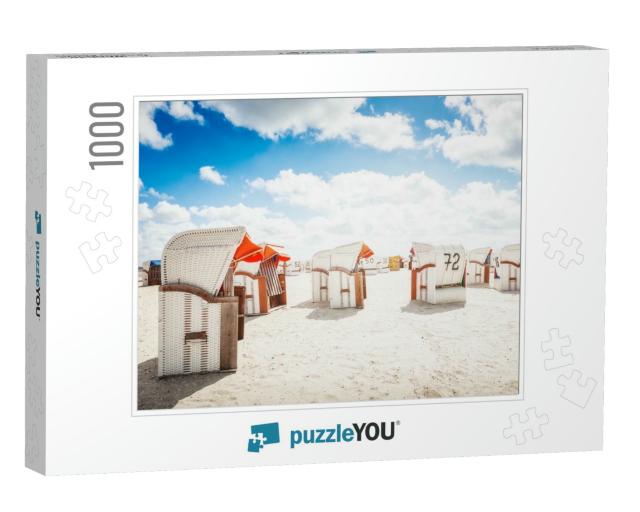 Hooded Chairs on Sand Beach. Sunlight & Blue Cloudy Sky... Jigsaw Puzzle with 1000 pieces