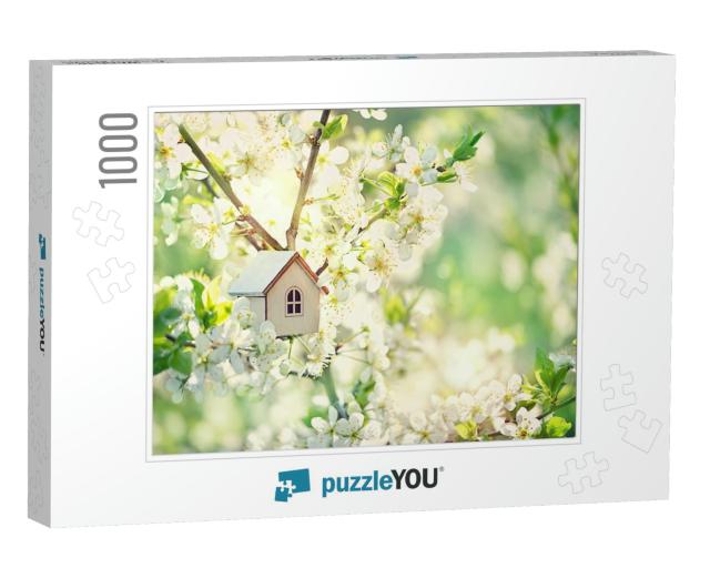 Toy House & Cherry Flowers. Spring Natural Background. Co... Jigsaw Puzzle with 1000 pieces