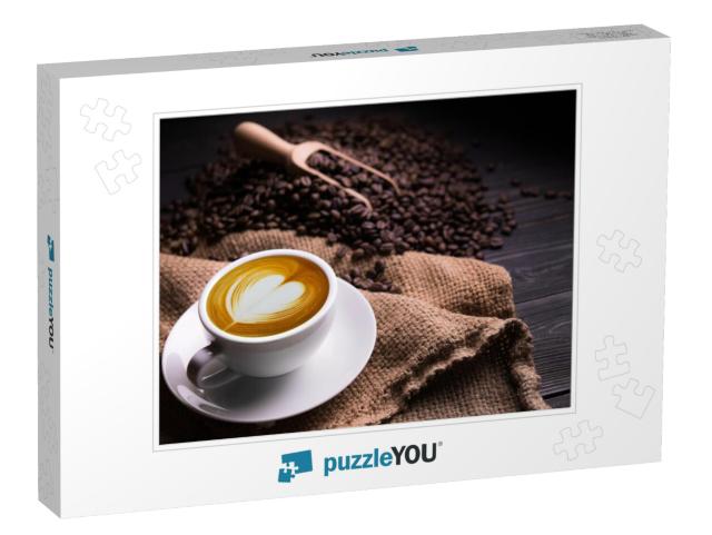 Cup of Coffee Latte with Heart Shape & Coffee Beans on Ol... Jigsaw Puzzle