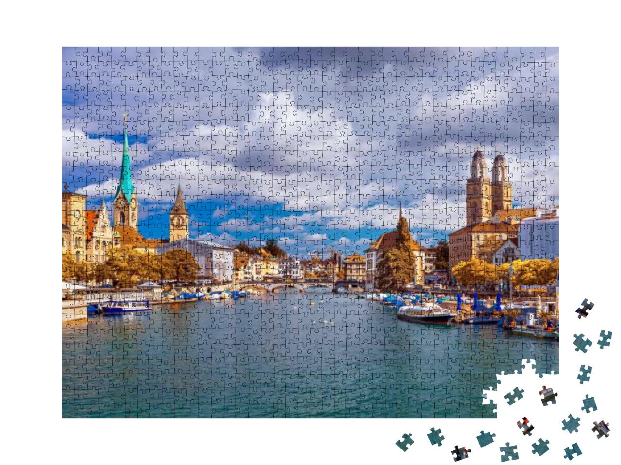 Historic Zurich City Center with Famous Fraumunster & Gro... Jigsaw Puzzle with 1000 pieces