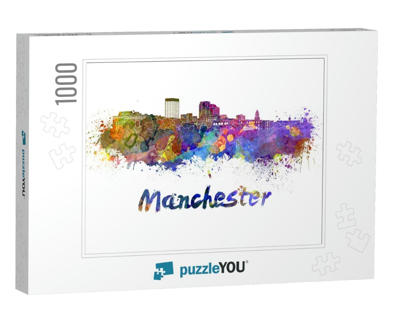 Manchester Skyline in Watercolor Splatters with Clipping... Jigsaw Puzzle with 1000 pieces