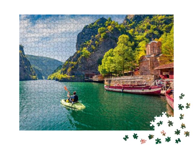 Tourist Kayaking on the Matka Canyon. Picturesque Morning... Jigsaw Puzzle with 1000 pieces