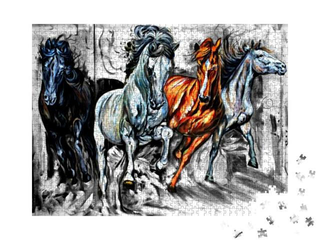Seven Running Horses Wildlife Decorative Pattern Textured... Jigsaw Puzzle with 1000 pieces