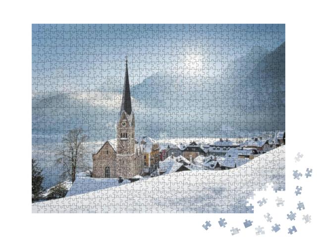 Panoramic View of Famous Hallstatt Lakeside Town During W... Jigsaw Puzzle with 1000 pieces