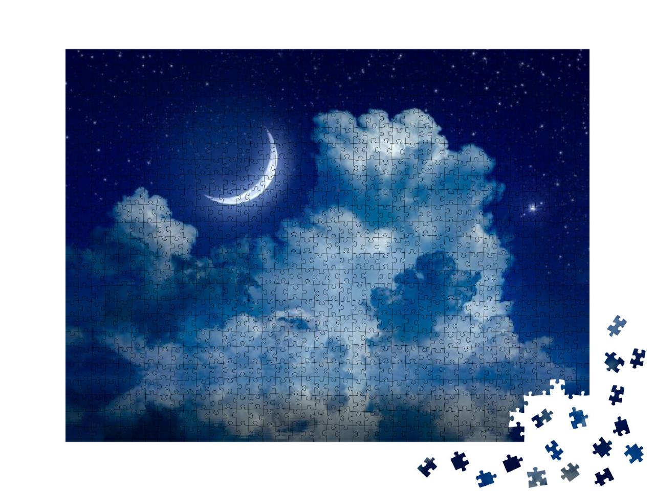 Big Crescent Moon & Clouds in Night Starry Sky is Reflect... Jigsaw Puzzle with 1000 pieces