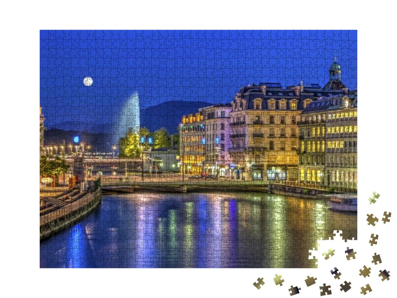 Urban View with Famous Fountain by Night with Full Moon... Jigsaw Puzzle with 1000 pieces