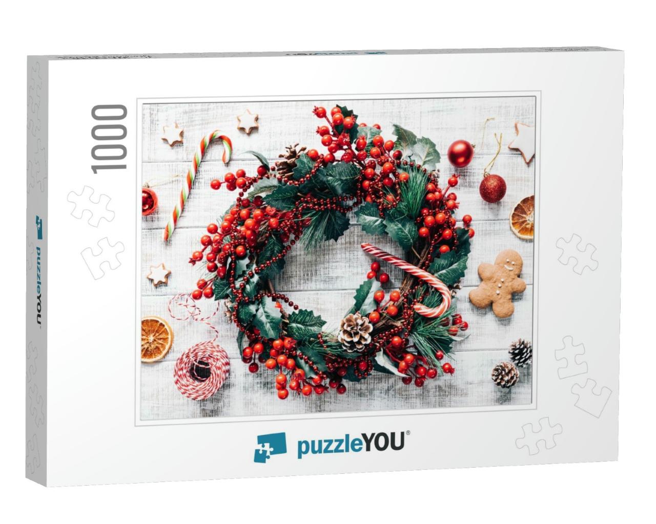 Christmas Winter Wreath, Candy Canes, Christmas Tree Deco... Jigsaw Puzzle with 1000 pieces