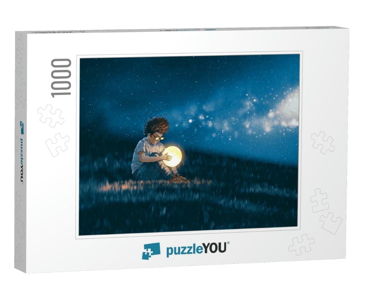 Night Scene Showing Young Boy with a Little Moon in His H... Jigsaw Puzzle with 1000 pieces