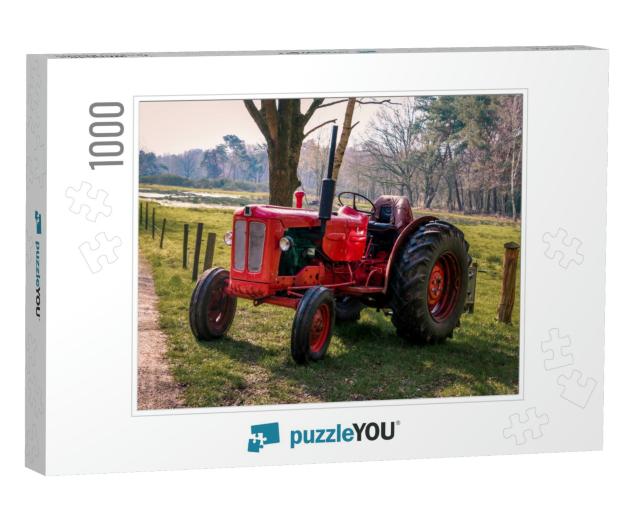 Old Red Vintage Tractor on the Land in the Beautiful Land... Jigsaw Puzzle with 1000 pieces