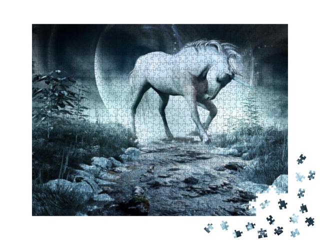 Night Scene with Unicorn, Creek & Moon. 3D Illustration... Jigsaw Puzzle with 1000 pieces
