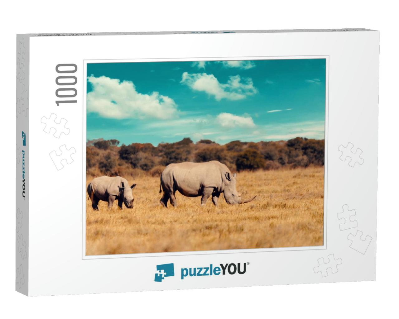 Rhino Family, Mother with Baby of White Rhinoceros Khama... Jigsaw Puzzle with 1000 pieces