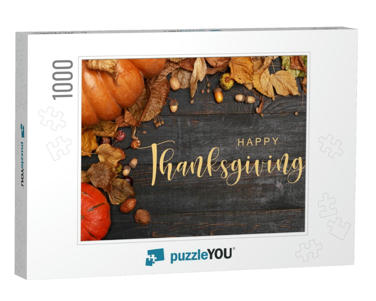 Thanksgiving Greetings. Pumpkins & Dry Leaves on a Dark W... Jigsaw Puzzle with 1000 pieces