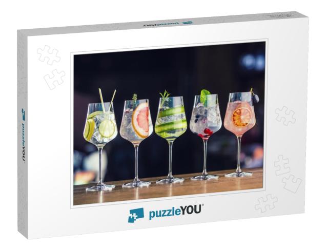 Five Colorful Gin Tonic Cocktails in Wine Glasses on Bar... Jigsaw Puzzle