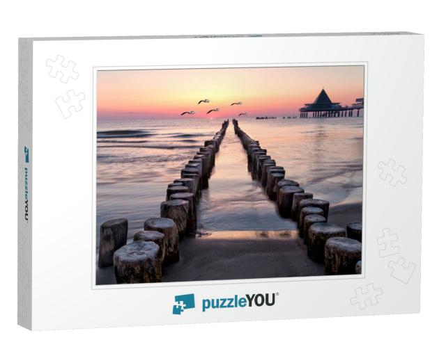 Sunrise with Seagulls on the Beach of Usedom, Baltic Sea... Jigsaw Puzzle