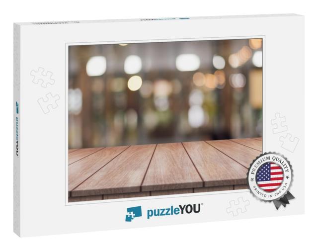 Empty Wooden Table Top with Lights Bokeh on Blur Restaura... Jigsaw Puzzle