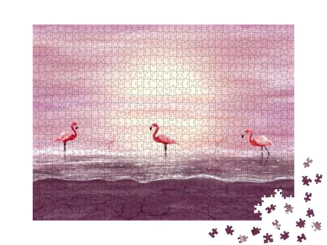 Pink Flamingos in Sparkling Water. Digital Artwork... Jigsaw Puzzle with 1000 pieces