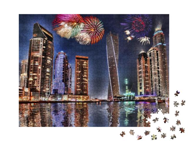 New Year Fireworks Display in Dubai Marina, Uae... Jigsaw Puzzle with 1000 pieces