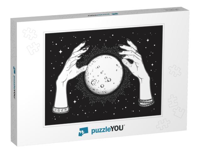 Hand Drawn Full Moon with Rays of Light in Hands O... Jigsaw Puzzle