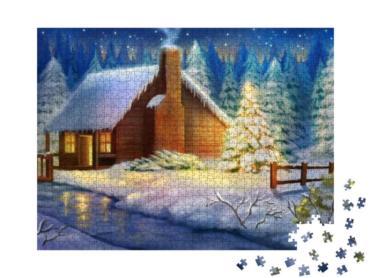 Christmas Night Winter Warm Cabin. Snow Land. Fantasy Bac... Jigsaw Puzzle with 1000 pieces