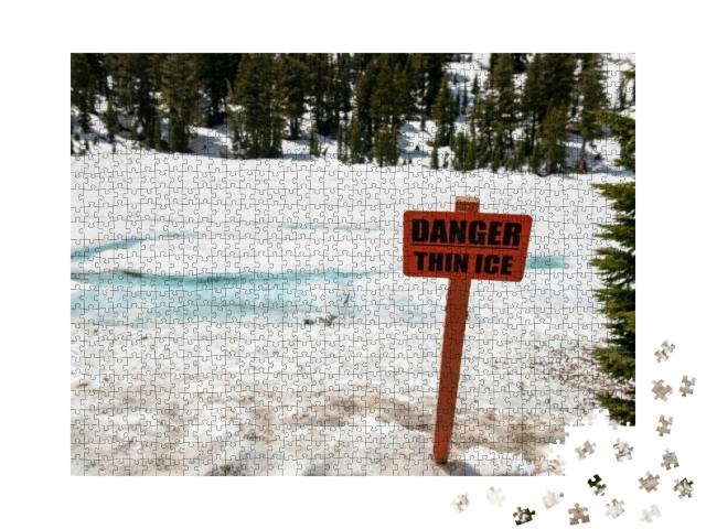 Danger Thin Ice Sign Next to a Frozen Pond in Lassen Nati... Jigsaw Puzzle with 1000 pieces