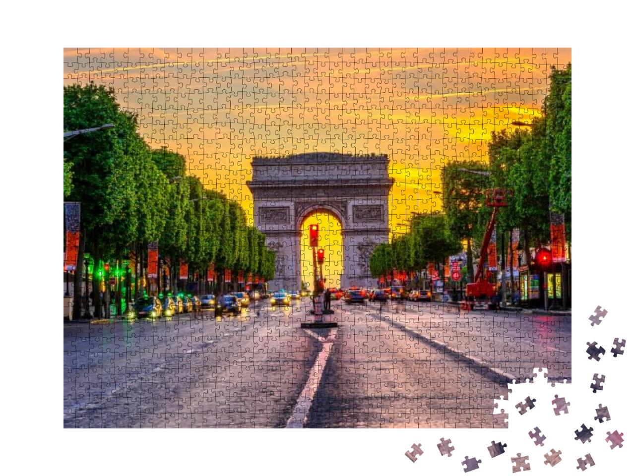 Champs-Elysees & Arc De Triomphe At Night in Paris, Franc... Jigsaw Puzzle with 1000 pieces