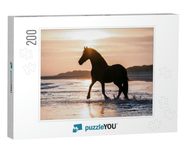 Black Horse Trotting Free At the Beach... Jigsaw Puzzle with 200 pieces