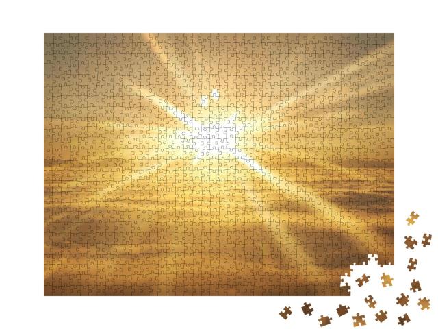 Amazing View from Plane on the Orange Sky, Sunset Sun & C... Jigsaw Puzzle with 1000 pieces