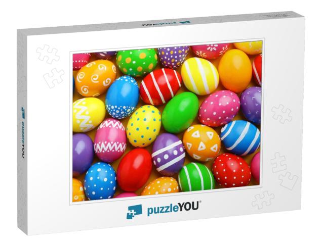 Many Decorated Easter Eggs as Background, Top View. Festi... Jigsaw Puzzle