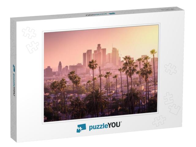 Beautiful Sunset of Los Angeles Downtown Skyline & Palm T... Jigsaw Puzzle