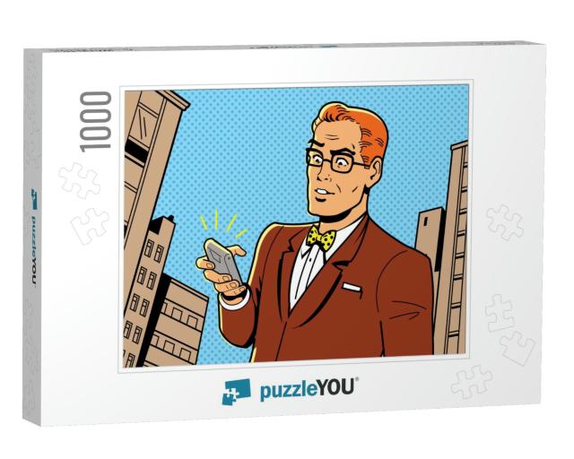 Ironic Illustration of a Retro 1940s or 1950s Man with Gl... Jigsaw Puzzle with 1000 pieces