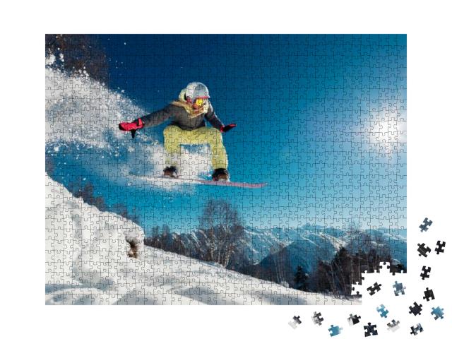 Girl is Jumping with Snowboard from the Hill... Jigsaw Puzzle with 1000 pieces