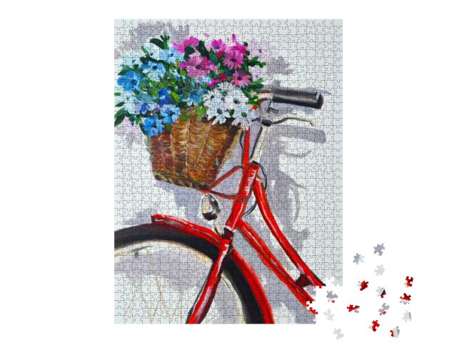 Drawn Bicycle with Flowers. Red Bike with a Basket of Flo... Jigsaw Puzzle with 1000 pieces
