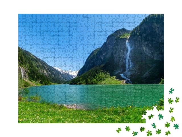 Mountain Landscape with Clear Turquoise Lake & Waterfall... Jigsaw Puzzle with 1000 pieces