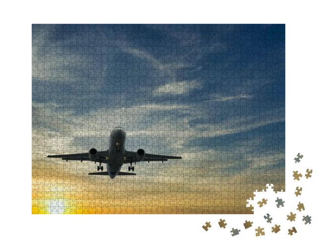 The Plane Against the Blue Sunset Sky. the Setting Sun. S... Jigsaw Puzzle with 1000 pieces
