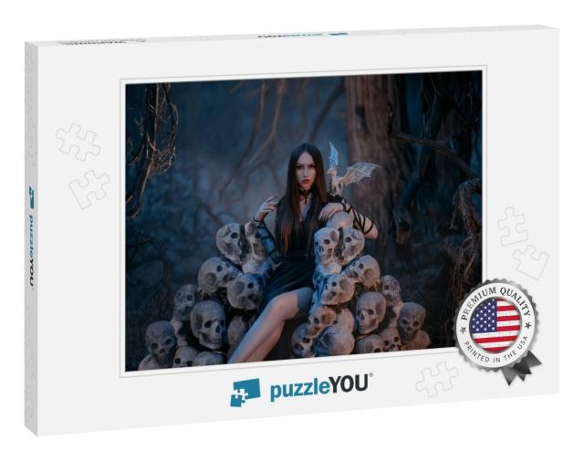 A Beautiful Sexy Vampire Woman Sits on a Throne of the Sk... Jigsaw Puzzle