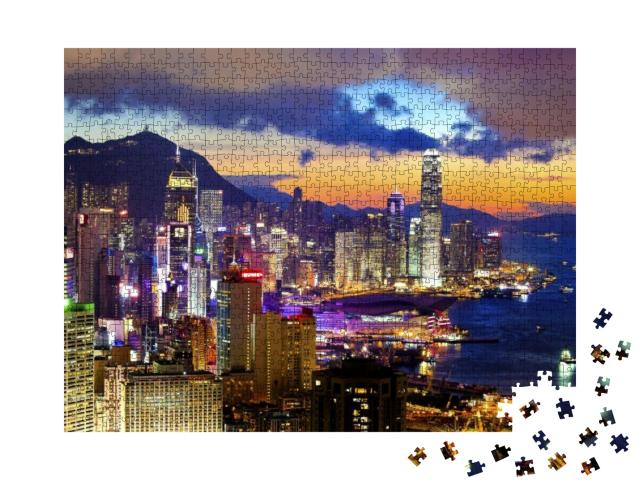 Crowded Downtown & Building in Hong Kong At Sunset... Jigsaw Puzzle with 1000 pieces