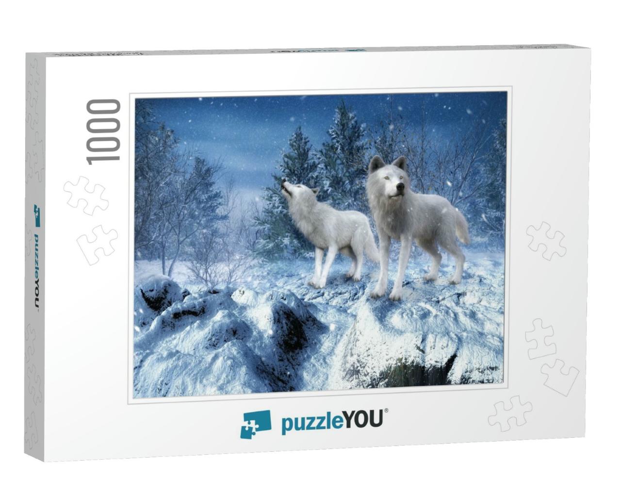 3D Rendered Fantasy Winter Landscape with Two White Wolve... Jigsaw Puzzle with 1000 pieces