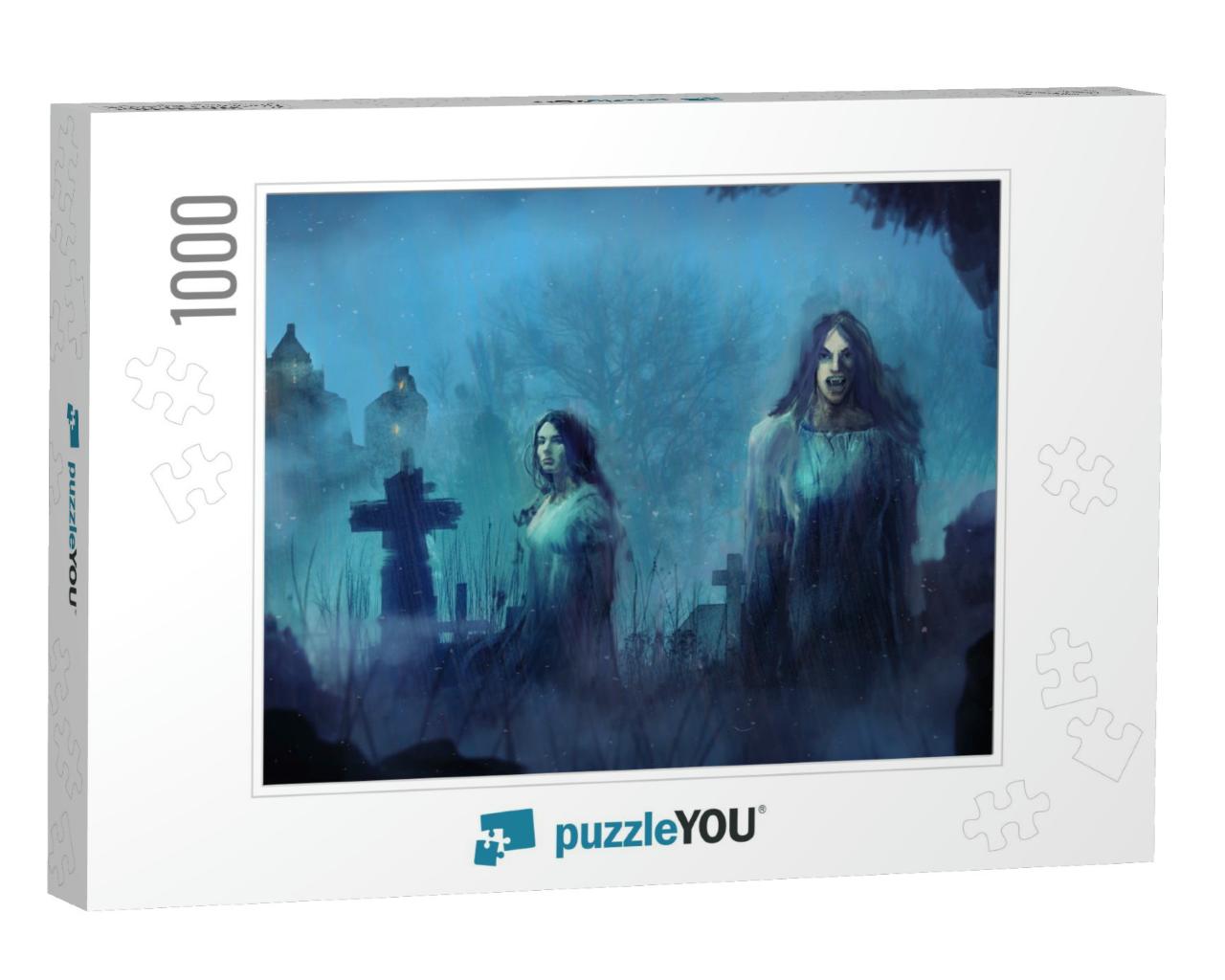 Digital Painting of a Pair of Scary Gothic Vampires Hangi... Jigsaw Puzzle with 1000 pieces
