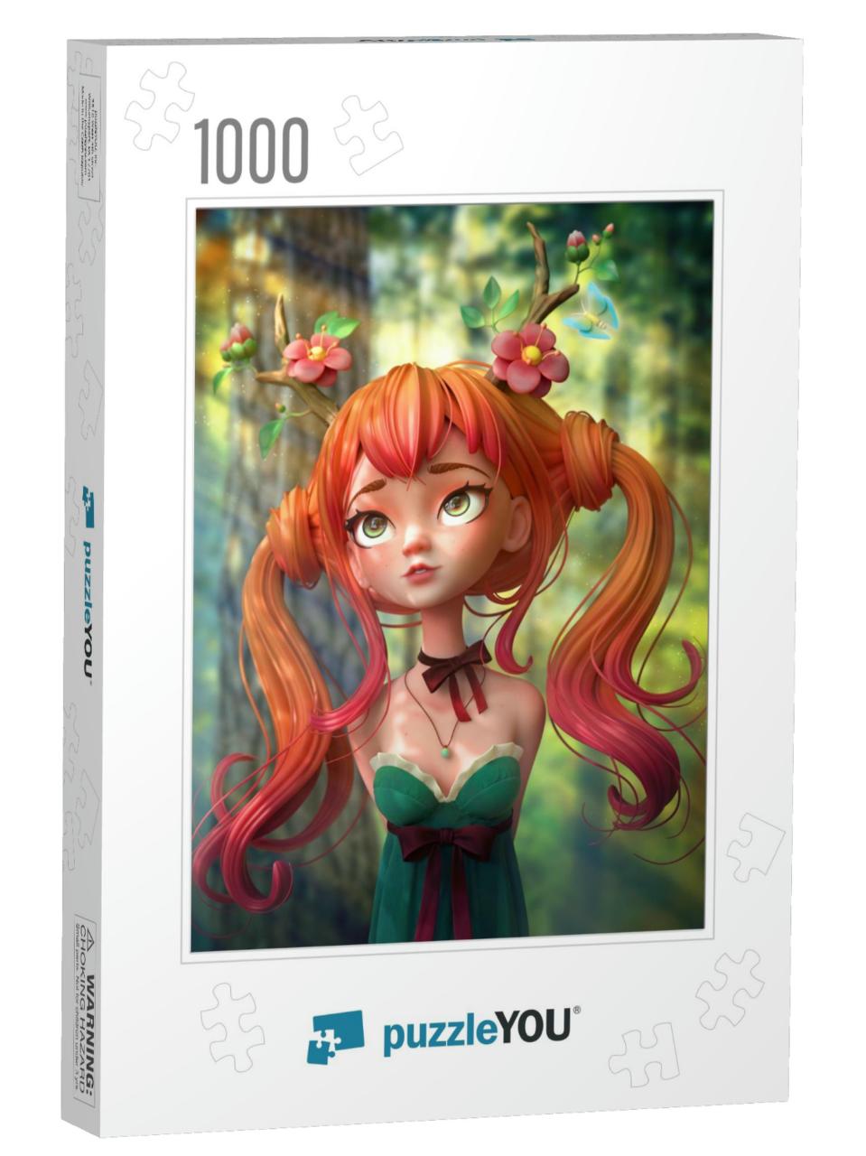 3D Cartoon Character Red-Haired Girl in a Green Dress wit... Jigsaw Puzzle with 1000 pieces