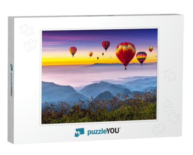 Colorful Hot Air Balloons Flying Above High Mountain At S... Jigsaw Puzzle
