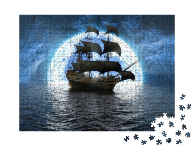 Ship At Sea Against the Background of the Moon & the Beau... Jigsaw Puzzle with 1000 pieces